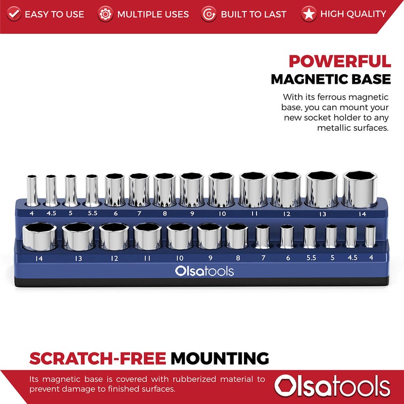 Olsa Tools Magnetic Socket Holder | 1/4-inch Drive | Metric | Blue | Holds 26 Sockets | Professional Quality Tools Organizer - Image 4